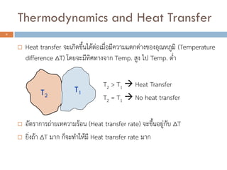  Heat transfer จะเกิดขึ้นได้ต่อเมื่อมีความแตกต่างของอุณหภูมิ (Temperature
difference ∆T) โดยจะมีทิศทางจาก Temp. สูง ไป Temp. ต่า
T2 > T1  Heat Transfer
T2 = T1  No heat transfer
 อัตราการถ่ายเทความร้อน (Heat transfer rate) จะขึ้นอยู่กับ ∆T
 ยิ่งถ้า ∆T มาก ก็จะทาให้มี Heat transfer rate มาก
6
T2
T1
Thermodynamics and Heat Transfer
 