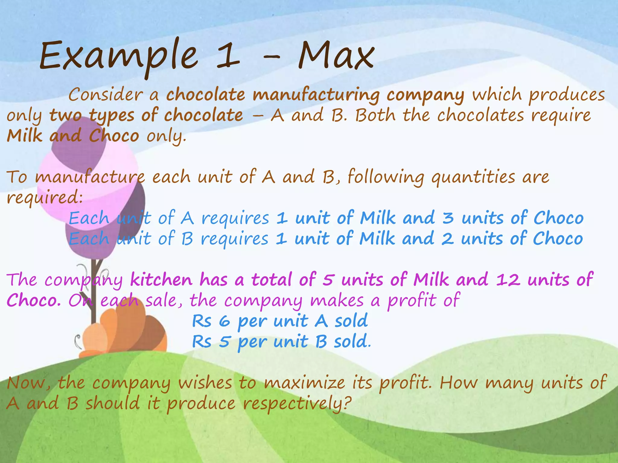 Example 1 - Max
Consider a chocolate manufacturing company which produces
only two types of chocolate – A and B. Both the chocolates require
Milk and Choco only.
To manufacture each unit of A and B, following quantities are
required:
Each unit of A requires 1 unit of Milk and 3 units of Choco
Each unit of B requires 1 unit of Milk and 2 units of Choco
The company kitchen has a total of 5 units of Milk and 12 units of
Choco. On each sale, the company makes a profit of
Rs 6 per unit A sold
Rs 5 per unit B sold.
Now, the company wishes to maximize its profit. How many units of
A and B should it produce respectively?
 