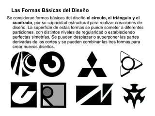 Se consideran formas básicas del diseño  el círculo, el triángulo y el cuadrado , por su capacidad estructural para realizar creaciones de diseño. La superficie de estas formas se puede someter a diferentes particiones, con distintos niveles de regularidad o estableciendo perfectas simetrías. Se pueden desplazar o superponer las partes derivadas de los cortes y se pueden combinar las tres formas para crear nuevos diseños. Las Formas Básicas del Diseño 