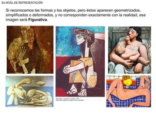 SU NIVEL DE REPRESENTACIÓN Si reconocemos las formas y los objetos, pero éstos aparecen geometrizados, simplificados o deformados, y no corresponden exactamente con la realidad, esa imagen será  Figurativa . 