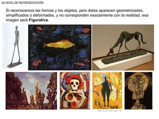 SU NIVEL DE REPRESENTACIÓN Si reconocemos las formas y los objetos, pero éstos aparecen geometrizados, simplificados o deformados, y no corresponden exactamente con la realidad, esa imagen será  Figurativa . 