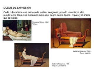 MODOS DE EXPRESIÓN Cada cultura tiene una manera de realizar imágenes; por ello una misma idea puede tener diferentes modos de expresión, según sea la época, el país y el artista que la realice. Venus de Urbino, 1538  Tiziano Madame Récamier, 1800 Jacques Louis David Madame Récamier, 1950 Reneè Magritte 