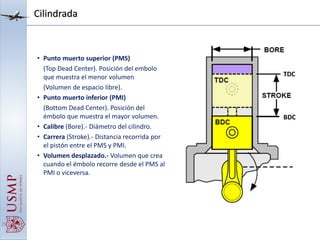 Cilindrada
• Punto muerto superior (PMS)
(Top Dead Center). Posición del embolo
que muestra el menor volumen
(Volumen de espacio libre).
• Punto muerto inferior (PMI)
(Bottom Dead Center). Posición del
émbolo que muestra el mayor volumen.
• Calibre (Bore).- Diámetro del cilindro.
• Carrera (Stroke).- Distancia recorrida por
el pistón entre el PMS y PMI.
• Volumen desplazado.- Volumen que crea
cuando el émbolo recorre desde el PMS al
PMI o viceversa.
TDC
BDC
 
