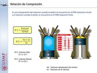 Relación de Compresión
Es una comparación del volumen cuando el pistón se encuentra en el PMI (volumen inicial)
y el volumen cuando el pistón se encuentra en el PMS (volumen final).
𝑅. 𝐶. =
𝑉𝑖𝑛𝑖𝑐𝑖𝑎𝑙
𝑉𝑓𝑖𝑛𝑎𝑙
𝑅. 𝐶. =
𝑉𝑑 + 𝑉𝑐
𝑉𝑐
Vd : Volumen desplazado del cilindro
Vc : Volumen de la cámara
R.C. motores Otto:
8:1 a 12:1
R.C. motores Diesel:
14:1 a 25:1
 
