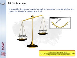 Eficiencia térmica
Es la capacidad del motor de convertir la energía del combustible en energía calorífica para
lograr el giro del cigüeñal. Oscila entre 20 a 28%.
𝑬 𝑻𝒆𝒓𝒎 =
𝐶𝑎𝑙𝑜𝑟 𝑐𝑜𝑛𝑣𝑒𝑟𝑡𝑖𝑑𝑜 𝑒𝑛 𝑡𝑟𝑎𝑏𝑎𝑗𝑜
𝐸𝑛𝑒𝑟𝑔í𝑎 𝑐𝑜𝑛𝑡𝑒𝑛𝑖𝑑𝑎 𝑒𝑛 𝑒𝑙 𝑐𝑜𝑚𝑏𝑢𝑠𝑡𝑖𝑏𝑙𝑒
× 100
 