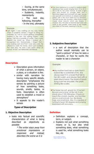 - During, at the same
time, simultaneously
- Suddenly, instantly,
momentarily
- The next day,
following, thereafter
- In the end, ultimately
Description
 Description gives information
of what a person, an object,
a place, or a situation is like.
 similar with narration for
having many specific details,
description “emphasizes the
senses by painting a picture
of how something looks,
sounds, smells, tastes, or
feels. Description is often
used to establish a mood or
atmosphere”
 It appeals to the reader’s
senses
Types of Description
1. Objective Description
 looks into factual and scientific
characteristics of what is being
described as objectively as
possible
* The writer stays away from
emotional impressions or
responses and instead,
describes the scene as it is
2. Subjective Description
 a sort of description that the
author would normally use to
“paint a picture” of how he sees a
character, or how he wants the
reader to see a character
Definition
 Definition explains a concept,
term, or subject.
 Explains not just what something
means or is, but also what
something does, what something
is used for, what something looks
like, etc
Do not re-sell this reviewer:)
Original: NewEye-07_Yve Elle
 