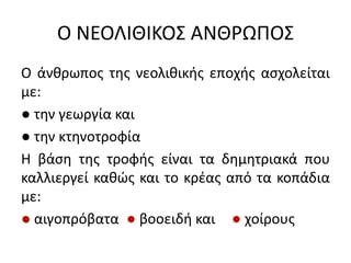 Ο ΝΕΟΛΙΘΙΚΟ΢ ΑΝΘΡΩΠΟ΢
Ο άνκρωποσ τθσ νεολικικισ εποχισ αςχολείται
με:
● τθν γεωργία και
● τθν κτθνοτροφία
Η βάςθ τθσ τροφισ είναι τα δθμθτριακά που
καλλιεργεί κακϊσ και το κρζασ από τα κοπάδια
με:
● αιγοπρόβατα ● βοοειδι και ● χοίρουσ
 