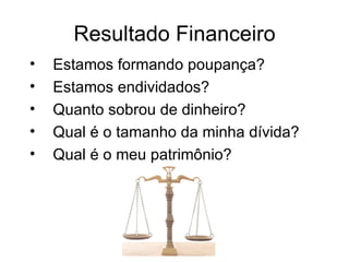 Resultado Financeiro
•   Estamos formando poupança?
•   Estamos endividados?
•   Quanto sobrou de dinheiro?
•   Qual é o tamanho da minha dívida?
•   Qual é o meu patrimônio?
 