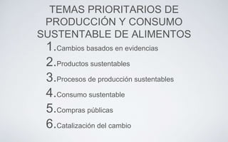 TEMAS PRIORITARIOS DE
PRODUCCIÓN Y CONSUMO
SUSTENTABLE DE ALIMENTOS
1.Cambios basados en evidencias
2.Productos sustentables
3.Procesos de producción sustentables
4.Consumo sustentable
5.Compras públicas
6.Catalización del cambio
 