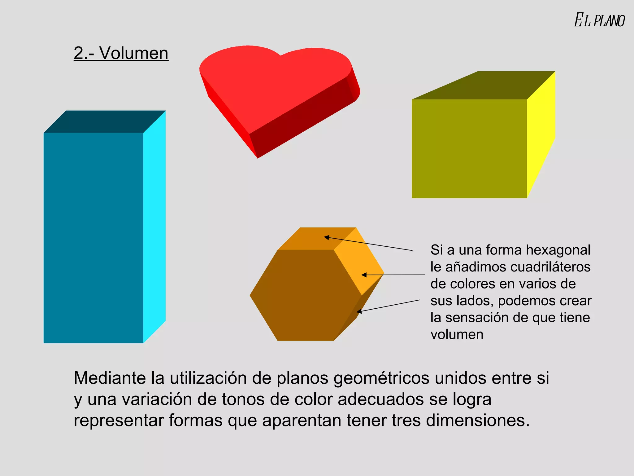 El plano Mediante la utilización de planos geométricos unidos entre si y una variación de tonos de color adecuados se logra representar formas que aparentan tener tres dimensiones. 2.- Volumen Si a una forma hexagonal le añadimos cuadriláteros de colores en varios de sus lados, podemos crear la sensación de que tiene volumen 