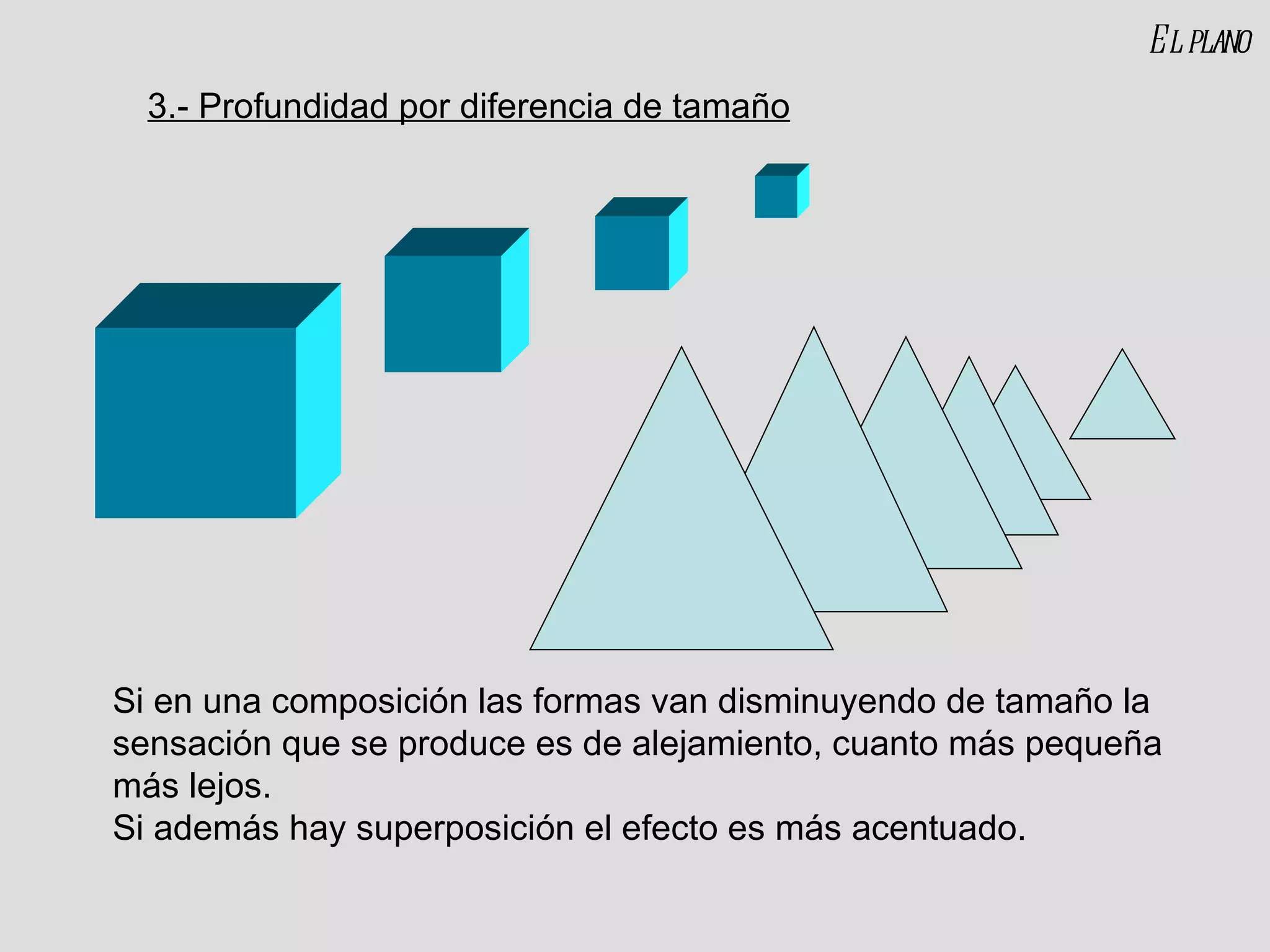 El plano Si en una composición las formas van disminuyendo de tamaño la sensación que se produce es de alejamiento, cuanto más pequeña más lejos. Si además hay superposición el efecto es más acentuado. 3.- Profundidad por diferencia de tamaño 