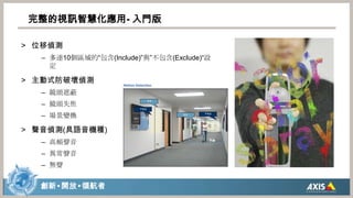 完整的視訊智慧化應用- 入門版位移偵測多達10個區域的“包含(Include)”與”不包含(Exclude)“設定主動式防破壞偵測鏡頭遮蔽鏡頭失焦場景變換聲音偵測(具語音機種)高頻聲音異常聲音無聲