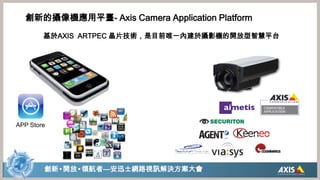 創新的攝像機應用平臺- Axis Camera Application Platform基於AXIS ARTPEC晶片技術，是目前唯一內建於攝影機的開放型智慧平台APP Store