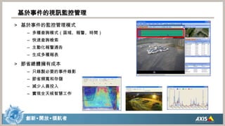 基於事件的視訊監控管理基於事件的監控管理模式多種查詢模式（區域、報警、時間）快速查詢檢索主動化報警通告生成多種報表節省總體擁有成本只錄製必要的事件錄影節省頻寬和存儲減少人員投入實現全天候智慧工作