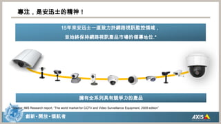 專注，是安迅士的精神！15年來安迅士一直致力於網路視訊監控領域，並始終保持網路視訊產品市場的領導地位.*擁有全系列具有競爭力的產品*Source: IMS Research report, “The world market for CCTV and Video Surveillance Equipment, 2009 edition”