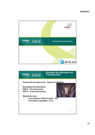 18/04/2011




                                    Exemplos de benefícios




                             Exemplo de aplicação em
                             Treinamentos


Treinamento em larga escala – Dynamic Capabilities

Quantidade de treinamentos
2009 714 treinamentos
2010 > 2.550 treinamentos

Redução de custo 
      Com inscrições ( R$/treinando) = 76%
      Com diárias e passagens = 62 %




                                                       42




                                                                    21
 
