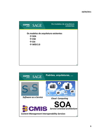 18/04/2011




                              Os modelos de arquitetura
                                             existentes


     Os modelos de arquitetura existentes
        SOA
        ESB
        EAI
        WEB 2.0




                                                          11




                         Padrões, arquiteturas, ....




 Software as a Service
                              Cloud  Computing


                                 SOA
                             Service‐oriented architecture

Content Management Interoperability Services
                                                          12




                                                                       6
 
