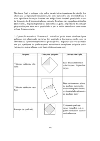 Na síntese final, o professor pode realçar características importantes do trabalho dos
alunos que são tipicamente matemáticas, tais como demonstrar uma propriedade que é
dada à partida ou investigar situações com o objectivo de descobrir propriedades e ten-
tar demonstrá-las. É importante chamar a atenção dos alunos para o papel das definições
(por exemplo, de paralelogramo) nas demonstrações, para a importância de conhecer
propriedades para obter novas propriedades e para a análise exaustiva de casos como
método de demonstração.


2. Exploração matemática. Na questão 1., pretende-se que os alunos obtenham alguns
polígonos por sobreposição parcial de dois quadrados e descrevam o modo como os
obtiveram ou façam uma representação gráfica (esboço) da posição dos dois quadrados
que gera o polígono. No quadro seguinte, apresentam-se exemplos de polígonos, possí-
veis esboços e descrições de como foram obtidos em cada caso:


         Polígono                Esboço do polígono            Possível descrição



                                                           Lado do quadrado maior
Triângulo rectângulo isós-
                                                           coincide com a diagonal do
celes
                                                           menor.




                                                           Dois vértices consecutivos
                                                           do quadrado menor estão
Triângulo rectângulo esca-
                                                           situados em pontos interio-
leno
                                                           res de dois lados adjacentes
                                                           do quadrado maior




                                                           Vértices do quadrado
                                                           menor coincidem com os
Losango (ou quadrado)
                                                           pontos médios dos lados do
                                                           quadrado maior.




                                         102
 