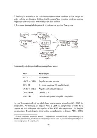 2. Exploração matemática. Ao elaborarem demonstrações, os alunos podem redigir um
texto, elaborar um diagrama de fluxo (ou fluxograma4) ou organizar os vários passos e
respectivas justificações da demonstração em duas colunas.
A demonstração associada à questão 1. organiza-se no seguinte fluxograma:




Organizando esta demonstração em duas colunas temos:


             Passo                   Justificação
             AE / /CD                Por hipótese
             ∠DCB ≡ ∠AEB             Ângulos alternos internos
             BC ≡ BE                 B é ponto médio de CE (por hipótese)
             ∠CBD ≡ ∠EBA             Ângulos verticalmente opostos
             CBD ≡ EBA               Critério ALA
             AB ≡ DB                 Lados homólogos de triângulos congruentes


No caso da demonstração da questão 2, basta mostrar que os triângulos ABD e CBD são
congruentes. Por hipótese, os ângulos ABD e CBD são congruentes. O lado BD é
comum aos dois triângulos. Os ângulos ADB e CDB são congruentes (são ângulos
suplementares de dois ângulos congruentes, nomeadamente, os ângulos ADE e CDE).

4
 Do inglês ‘flowchart’. Segundo o Webster’s Comprehensive Dictionary of the English Language (Tri-
dent Press International), flowchart é um “diagrama que mostra todos os passos numa sequência lógica tal
como num programa de computador”.

                                                  70
 