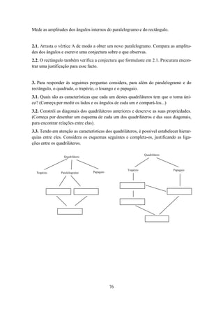 Mede as amplitudes dos ângulos internos do paralelogramo e do rectângulo.


2.1. Arrasta o vértice A de modo a obter um novo paralelogramo. Compara as amplitu-
des dos ângulos e escreve uma conjectura sobre o que observas.
2.2. O rectângulo também verifica a conjectura que formulaste em 2.1. Procurara encon-
trar uma justificação para esse facto.


3. Para responder às seguintes perguntas considera, para além do paralelogramo e do
rectângulo, o quadrado, o trapézio, o losango e o papagaio.
3.1. Quais são as características que cada um destes quadriláteros tem que o torna úni-
co? (Começa por medir os lados e os ângulos de cada um e compará-los...)
3.2. Constrói as diagonais dos quadriláteros anteriores e descreve as suas propriedades.
(Começa por desenhar um esquema de cada um dos quadriláteros e das suas diagonais,
para encontrar relações entre elas).
3.3. Tendo em atenção as características dos quadriláteros, é possível estabelecer hierar-
quias entre eles. Considera os esquemas seguintes e completa-os, justificando as liga-
ções entre os quadriláteros.

                                                                 Quadrilátero
                  Quadrilátero



                                                      Trapézio                  Papagaio
  Trapézio      Paralelogramo     Papagaio




                                             76
 