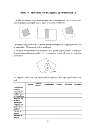 Tarefa 10 – Problemas com triângulos e quadriláteros (PL)


1. A sobreposição parcial de dois quadrados, não necessariamente com o mesmo lado,
gera um polígono, exemplificado na figura pelas zonas sombreadas.




Dá exemplos de polígonos que se podem obter por sobreposição e de polígonos que não
se podem obter. Mostra como podem ser obtidos.
2. Na figura estão representados uma recta e dois quadrados parcialmente sobrepostos.
Determina as medidas dos ângulos ‘a’ e ‘b’. Apresenta os teus cálculos e as respectivas
justificações.



                                              b
                                           125º

                                          a              60º


3. Completa a tabela com ‘sim’ (que significa sempre) ou ‘não’ (que significa nem sem-
pre).
                             Trapézio
                  Papagaio               Paralelogramo     Losango   Rectângulo   Quadrado
                             isósceles
Lados opostos
paralelos
Lados opostos
congruentes
Ângulos opos-
tos congruentes
Diagonais bis-
sectam-se
mutuamente
Diagonais per-
pendiculares
Diagonais con-
gruentes
Um eixo de
simetria
Dois eixos de
simetria

                                              97
 