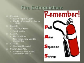  Class A
 Wood, Paper & Cloth
 Use Dry Chemical to blow or
cool fire
 Class B
 Gas, Oil, Grease
 Smothers fire
 Class C
 Electrical fires
 Non conducting agent to
smother fire
 Class D
 Combustible metal
 Multi Class ABC
 Used on all fires except
combustible metals
 