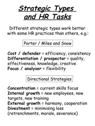 Strategic Types  and HR Tasks Different strategic types work better  with some HR practices than others, e.g.: Porter / Mi...