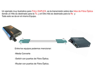 Un ejemplo muy ilustrativo para FULL DUPLEX, es la transmisión sobre dos hilos de Fibra Óptica
donde un Hilo es destinado para la Tx, y el Otro hilo es destinado para la Rx y
Todo esto se da en el mismo Equipo.
Entre los equipos podemos mencionar:
-Media Converte
-Switch con puertos de Fibra Óptica.
-Router con puertos de Fibra Óptica.
 