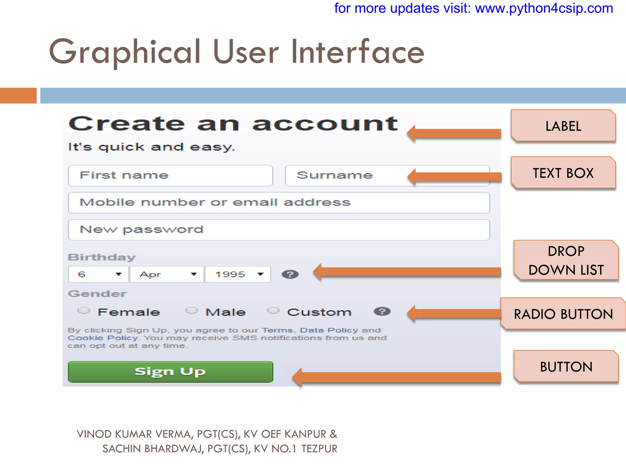 Graphical User Interface
VINOD KUMAR VERMA, PGT(CS), KV OEF KANPUR &
SACHIN BHARDWAJ, PGT(CS), KV NO.1 TEZPUR
LABEL
TEXT BOX
DROP
DOWN LIST
RADIO BUTTON
BUTTON
for more updates visit: www.python4csip.com
 