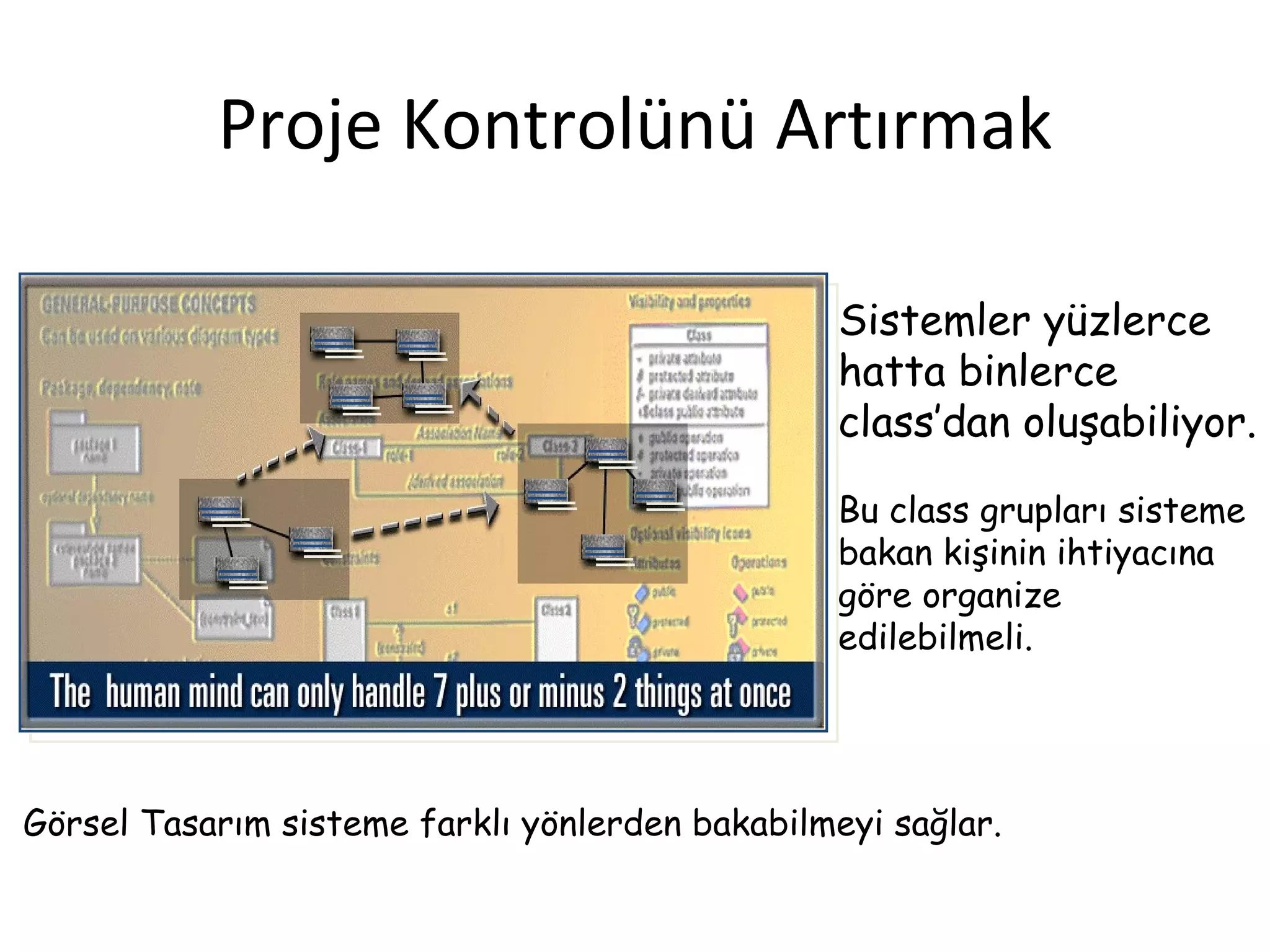 Proje Kontrolünü Artırmak

                                                 Sistemler yüzlerce
                                                 hatta binlerce
                                                 class’dan oluşabiliyor.

                                                 Bu class grupları sisteme
                                                 bakan kişinin ihtiyacına
                                                 göre organize
                                                 edilebilmeli.




Görsel Tasarım sisteme farklı yönlerden bakabilmeyi sağlar.
 