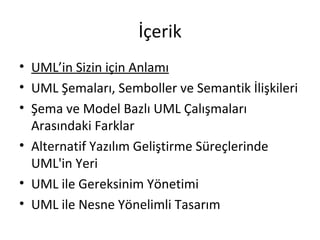 İçerik
• UML’in Sizin için Anlamı
• UML Şemaları, Semboller ve Semantik İlişkileri
• Şema ve Model Bazlı UML Çalışmaları
  Arasındaki Farklar
• Alternatif Yazılım Geliştirme Süreçlerinde
  UML'in Yeri
• UML ile Gereksinim Yönetimi
• UML ile Nesne Yönelimli Tasarım
 