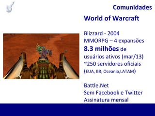 Comunidades
World of Warcraft
Blizzard - 2004
MMORPG – 4 expansões
8.3 milhões de
usuários ativos (mar/13)
~250 servidores oficiais
(EUA, BR, Oceania,LATAM)
Battle.Net
Sem Facebook e Twitter
Assinatura mensal
 