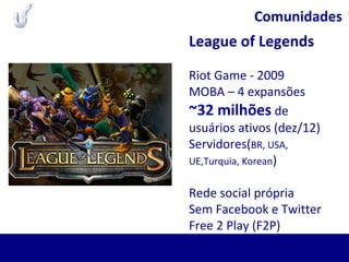 Comunidades
League of Legends
Riot Game - 2009
MOBA – 4 expansões
~32 milhões de
usuários ativos (dez/12)
Servidores(BR, USA,
UE,Turquia, Korean)
Rede social própria
Sem Facebook e Twitter
Free 2 Play (F2P)
 