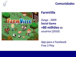 Comunidades
FarmVille
Zynga - 2009
Social Game
+80 milhões de
usuários (2010)
App para o Facebook
Free 2 Play
 