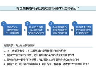 你也想免费得到出版社赠书做PPT读书笔记？

1

2
购买99元
网易云课堂
PPT在线课程

3
购买后去微博
私信@秋叶
要福利QQ群号

4
新浪微博晒作
业被老师肯定
奖励内部选书

出版社寄书到
后约@时间卡
片 晒读书PPT

友情提示：马上就去新浪微博
1、关注@时间卡片 ，可以看到其它学员读书PPT制作约定
2、搜#PPT读书笔记#标签，可以看到其它学员已经提交的读书PPT
3、搜#和秋叶一起学PPT#标签，可以看到其它学员已经提交的作业PPT

4、国内主流出版社都已经和@秋叶 老师合作，有本事，丌花钱好书随时让你选！

 