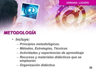 METODOLOGÍA Incluye: Principios metodológicos. Métodos, Estrategias, Técnicas Actividades y experiencias de aprendizaje Recursos y materiales didácticos que se emplearán   Organización didáctica   20 ADRIANA  LUCERO 
