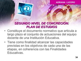 SEGUNDO NIVEL DE CONCRECIÓN: PLAN DE ESTUDIOS Constituye el documento normativo que articula a largo plazo el conjunto de actuaciones del equipo docente de una Institución Educativa. Tiene como finalidad alcanzar las capacidades previstas en los objetivos de cada una de las etapas, en coherencia con las Finalidades Educativas.  34 ADRIANA  LUCERO 