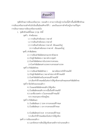 ชุดฝึกทักษะการเขียนบทร้อยกรอง กลอนสักวา สาระการเรียนรู้ภาษาไทยนี้สร้างขึ้นเพื่อใช้ฝึกทักษะ
การเขียนบทร้อยกรองสําหรับนักเรียนชั้นมัธยมศึกษาปีที่ 1 และเป็นแนวทางสําหรับครูในการแก้ปัญหา
การเรียนการสอนการเขียนบทร้อยกรองต่อไป
1. ชุดฝึกทักษะมีทั้งหมด 12 ชุด ดังนี้
ชุดที่ 1 คําคล้องจอง
1.1 การเขียนคําคล้องจอง 1 พยางค์
1.2 การเขียนคําคล้องจอง 2 พยางค์
1.3 การเขียนคําคล้องจอง 3 พยางค์ เขียนและจับคู่
1.4 การเขียนคําคล้องจอง 4 พยางค์ เขียนและจับคู่
ชุดที่ 2 คําสัมผัสสระ
2.1 การเขียนคําสัมผัสสระตามมาตราตัวสะกด
2.2 จับคู่คําสัมผัสสระ 2 พยางค์จากกลุ่มคํา
2.3 โยงคําสัมผัสสระภายในวรรคจากบทกลอน
2.4 โยงคําสัมผัสสระต่างวรรคจากบทกลอนต่างวรรค
ชุดที่ 3 คําสัมผัสอักษร
3.1 การเขียนคําสัมผัสอักษร 1 พยางค์ต่อจากคําที่กําหนดให้
3.2 จับคู่คําสัมผัสอักษร 2 พยางค์ ต่อจากคําที่กําหนดให้
3.3 โยงคําสัมผัสอักษรในบทกลอนที่กําหนดให้
3.4 เลือกคําที่กําหนดเติมในช่องว่างให้ถูกต้องตามลักษณะของคําสัมผัสอักษร
ชุดที่ 4 ข้อบังคับของกลอนสักวา
4.1 โยงแผนผังสัมผัสกลอนสักวาให้ถูกต้อง
4.2 โยงสัมผัสกลอนสักวาจากเนื้อเรื่องที่กําหนดให้
4.3 บอกชื่อวรรคต่าง ๆ ในบทกลอนที่กําหนดให้
4.4 บาทเอกและบาทโทอยู่ไหน
ชุดที่ 5 คําสัมผัสนอก
5.1 โยงสัมผัสนอก 2 วรรค จากบทกลอนที่กําหนด
5.2 โยงสัมผัสนอก 1 บท จากบทกลอนที่กําหนด
5.3 โยงสัมผัสระหว่างบท จากบทกลอนที่กําหนด
5.4 เลือกคําที่กําหนดเติมลงในช่องว่างให้ถูกต้อง
ชุดที่ 6 การเขียนกลอนสักวา
6.1 แยกจังหวะการเขียนให้ถูกต้องตามหลักการอ่านกลอนสักวา
คําแนะนํา
 