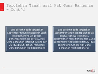 Perolehan Tanah asal Hak Guna Bangunan
- Cont’d
Jika berakhir pada tanggal 24
September tahun ketigapuluh sejak
dikeluarkannya Izin Lokasi,
penambahan masa berlaku, Hak
Guna Bangunan tersebut kurang dari
20 (dua puluh) tahun, maka Hak
Guna Bangunan itu diperpanjang
Jika berakhir pada tanggal 24
September tahun ketigapuluh sejak
dikeluarkannya Izin Lokasi,
penambahan masa berlaku Hak Guna
Bangunan tersebut lebih dari 20 (dua
puluh) tahun, maka Hak Guna
Bangunan itu diperbaharui.
 
