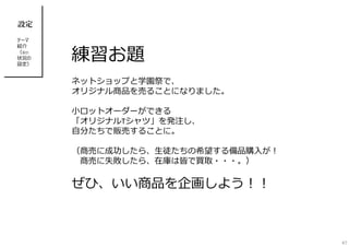 練習お題
ネットショップと学園祭で、
オリジナル商品を売ることになりました。
⼩ロットオーダーができる
「オリジナルTシャツ」を発注し、
自分たちで販売することに。
（商売に成功したら、⽣徒たちの希望する備品購入が︕
商売に失敗したら、在庫は皆で買取・・・。）
ぜひ、いい商品を企画しよう︕︕
設定
テーマ
紹介
（及び、
状況の
設定）
47
 