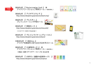 IDEAPLANT 『 Brainstorming Card 』 ※
アイデアワークショップ専用ツール（一般販売無し）
IDEAPLANT 『 アイデアトランプ 』
http://www.ideaplant.jp/products/ideatrump/
IDEAPLANT 『 ブレスター 』
ブレインストーミング学習ツール
IDEAPLANT 『 智慧カード 』
http://www.ideaplant.jp/products/chiecard3/
（スマホアプリ：KAYAC『ideaPod』）
IDEAPLANT 『 ブレインライティングシート2 』
http://www.ideaplant.jp/products/bws2/
IIDEAPLANT 『 IDEAVote 』
アイデアを創造的に絞り込む方法を学ぶツール
IDEAPLANT 『 SCAMPERカード 』 ※
アイデアワークショップ専用ツール（一般販売無し）
⇒図表：拙著『アイデア・スイッチ』まえがき
IDEAPLANT 『 ASOPICA（連想の4法則カード） 』
http://www.ideaplant.jp/products/asopica/
今回
73
 