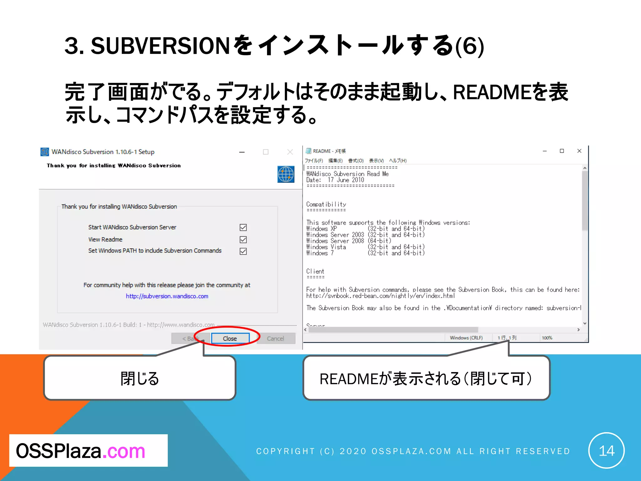 3. SUBVERSIONをインストールする(6)
完了画面がでる。デフォルトはそのまま起動し、READMEを表
示し、コマンドパスを設定する。
C O P Y R I G H T ( C ) 2 0 2 0 O S S P L A Z A . C O M A L L R I G H T R E S E R V E DOSSPlaza.com
閉じる
14
READMEが表示される（閉じて可）
 