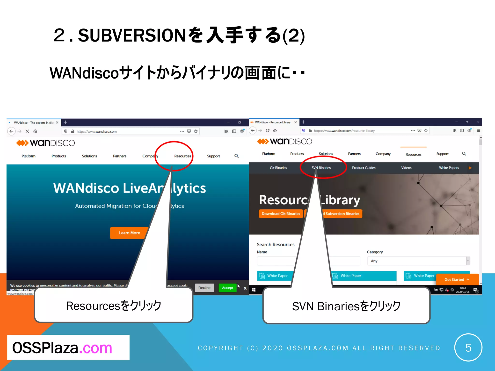 ２. SUBVERSIONを入手する(2)
WANdiscoサイトからバイナリの画面に・・
C O P Y R I G H T ( C ) 2 0 2 0 O S S P L A Z A . C O M A L L R I G H T R E S E R V E DOSSPlaza.com
Resourcesをクリック SVN Binariesをクリック
5
 