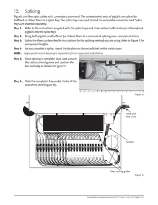 Standard Recommended Procedure 003-377 | Issue 7 | June 2017 | Page 9 of 12
10. Splicing
Pigtails are fiber optic cables with connectors at one end. The unterminated ends of pigtails are spliced to
buffered or ribbon fibers in a splice tray.The splice tray is secured behind the removable connector shelf. Splice
trays are ordered separately.
Step 1: Refer to the instructions supplied with the splice trays and strain-relieve buffer tubes (or ribbons) and
pigtails into the splice tray.
Step 2: Bring both pigtails and buffered (or ribbon) fibers to a convenient splicing area - one pair at a time.
Step 3: Splice the fibers as described in instructions for the splicing method you are using. Refer to Figure 5 for
component lengths.
Step 4: As you complete a splice, record the location on the record label on the inside cover.
NOTE: Appropriate record keeping is imperative for an organized installation.
Step 5: Once splicing is complete, loop slack around
the radius control guides and position the
fan-out body as shown in Figure 15.
Step 6: Slide the completed tray under the lip at the
rear of the shelf (Figure 16).
Figure 15
Figure 16
Fan-out body
Hook-and-
loop strap
Jumpers
Fiber routing guides
 