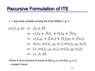 13
Recursive Formulation of ITERecursive Formulation of ITE
v = top-most variable among the three BDDs f, g, h
Where A, B are pointers to results of ite(fv,gv,hv) and ite(fv’,gv’,hv’})
- merged if equal
 