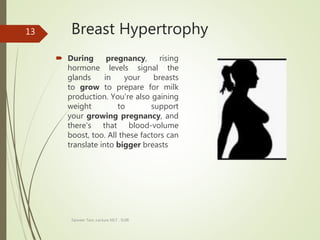 Breast Hypertrophy
 During pregnancy, rising
hormone levels signal the
glands in your breasts
to grow to prepare for milk
production. You're also gaining
weight to support
your growing pregnancy, and
there's that blood-volume
boost, too. All these factors can
translate into bigger breasts
Tanveer Tara ,Lecture MLT , SUIR
13
 