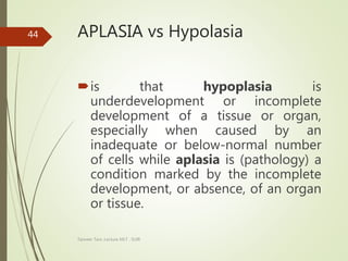 APLASIA vs Hypolasia
is that hypoplasia is
underdevelopment or incomplete
development of a tissue or organ,
especially when caused by an
inadequate or below-normal number
of cells while aplasia is (pathology) a
condition marked by the incomplete
development, or absence, of an organ
or tissue.
Tanveer Tara ,Lecture MLT , SUIR
44
 