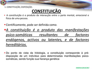 Dr. Clodoaldo Pacheco

                                                                                        .
1. CONSTITUIÇÃO, DISPOSIÇÃO.

                           CONSTITUIÇÃO
 A constituição é o produto da interacção entre a parte mental, emocional e
 física de uma pessoa.

 Cientificamente, pode ser definida como:
A constituição é o produto das manifestações
 psico-somáticas   resultantes   de   factores
 endógenos, activos ou latentes, e de factores
 hereditários.
 Do ponto de vista da Iridologia, a constituição corresponde à pré-
  disposição de um indivíduo para determinadas manifestações psico-
  somáticas, sendo função sua herança genética


                                                                TERAPIA FLOR DE ÍRIS®
 