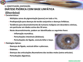 Dr. Clodoaldo Pacheco

                                                                                                     .
1. CONSTITUIÇÃO, DISPOSIÇÃO.
DIÁTESE PSÓRICA COM BASE LINFÁTICA
(Discrásica)
 Características:
      - Múltiplas zonas de pigmentação (psoras) em toda a íris.
      - Predisposição para doenças do tecido conjuntivo e doenças linfáticas.
      - Tendência para desenvolvimento de tumores malignos em desordens crónicas,
        em particular em idades acima dos 50 anos.
      - Neste desenvolvimento, podem ser identificadas as seguintes fases:
             - Inflamação reumática;
             - Perturbações intestinais (disbiose);
             - Perturbações do fígado, vesícula-biliar e baço.
 Patologias típicas:
      - Doenças de fígado, vesícula biliar e pâncreas.
      - Diabetes.
      - Doenças das articulações.Reumatismo dos tecidos moles (extra-articular).
      - Perturbações digestivas.

                                                                             TERAPIA FLOR DE ÍRIS®
 