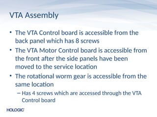 VTA Assembly
• The VTA Control board is accessible from the
back panel which has 8 screws
• The VTA Motor Control board is accessible from
the front after the side panels have been
moved to the service location
• The rotational worm gear is accessible from the
same location
– Has 4 screws which are accessed through the VTA
Control board
 